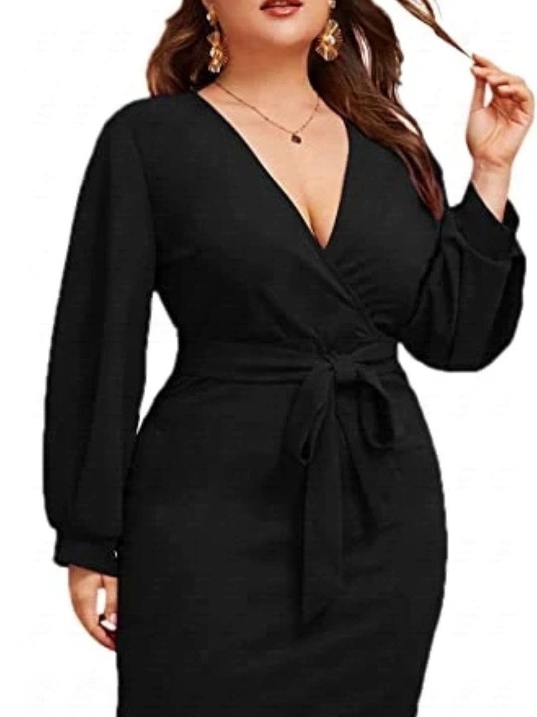 Mondressy Womens V Neck Lantern Sleeve Midi Belted Bodycon Dress Size L — image 2 of 6